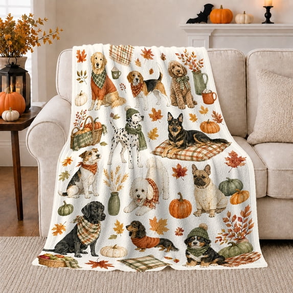 Fall Dogs Plaid Scarves Watercolor Autumn, Festive Pet Portrait Pattern, Warm Flannel Blanket for Living Room and Bedroom, Dog Lovers Thanksgiving Gift, Pet Lover Home Decor