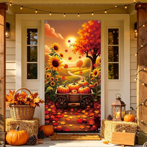 Fall Door Cover, 180 x 90 cm, Pumpkin Garden and Orange Autumn Tree Scene Print, Seasonal Decoration for Entryways and Harvest Celebrations