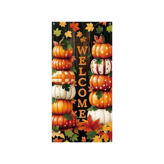 Fall Door Cover, 35x70'' Welcome Autumn Door Banner Maple Leaves and Pumpkin for Farmhouse Autumn Thanksgiving Harvest Festival Decorations and Supplies