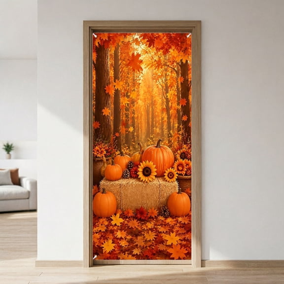 Fall Door Cover Decoration, Autumn Pumpkin Maple Leaf Sunflower Door Banner Mural with Grommets, Thanksgiving Harvest Front Door Backdrop