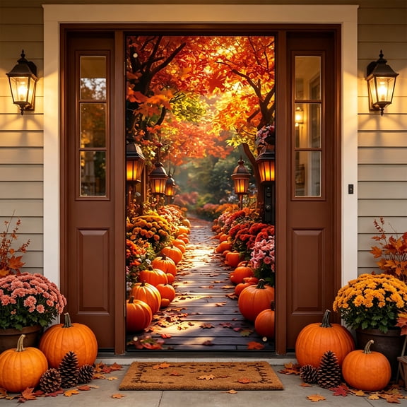 Fall Door Cover Thanksgiving Christian Porch Decor, Pumpkin Sunflower Harvest Design, Polyester Fabric Material, Easy Hanging Design, Seasonal Home Accent