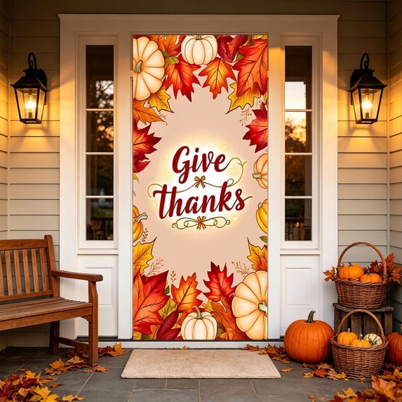 Fall Door Cover Thanksgiving Decorations Maple Leaves Thanksgiving Banner Fall Decor | Fall Decor for Indoor Outdoor Thanksgiving Themed Door Banner, Fall Decorations Supplies-70.8 × 35.4inch