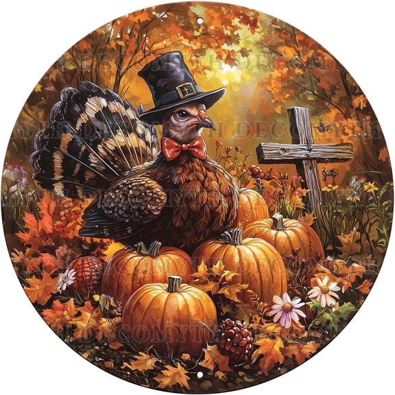 Fall Door Decor Retro Turkey And Cross Round Tin Sign Vintage Pumpkin Harvest Thanksgiving Metal Poster Nostalgic Decorations for Home Wall Art Rustic Farmhouse Porch Kitchen Farm 8 * 8inch