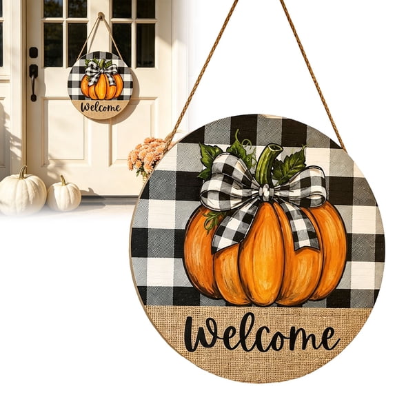 Fall Door Decor, Thanksgiving Fall Pumpkin Welcome Door Sign, Farmhouse Pumpkin Round Wooden Door Hanger, Rustic Fall Wood Pumpkin Hanging Plaque, Wood Welcome Sign, Harvest Decor for Wall