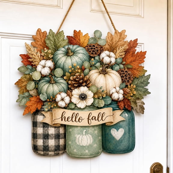 Fall Door Decor Wooden Pumpkin Door Hanger, Hello Fall Sign for Front Door