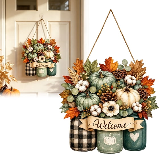 Fall Door Decor, Wooden Pumpkin Hanger Welcome Sign, 11.8 Inch Wooden Farmhouse Fall Hanger, Rustic Fall Wood Hanging Plaque, Fall Wooden Welcome Signboard, Thanksgiving Decor for Wall, Porch