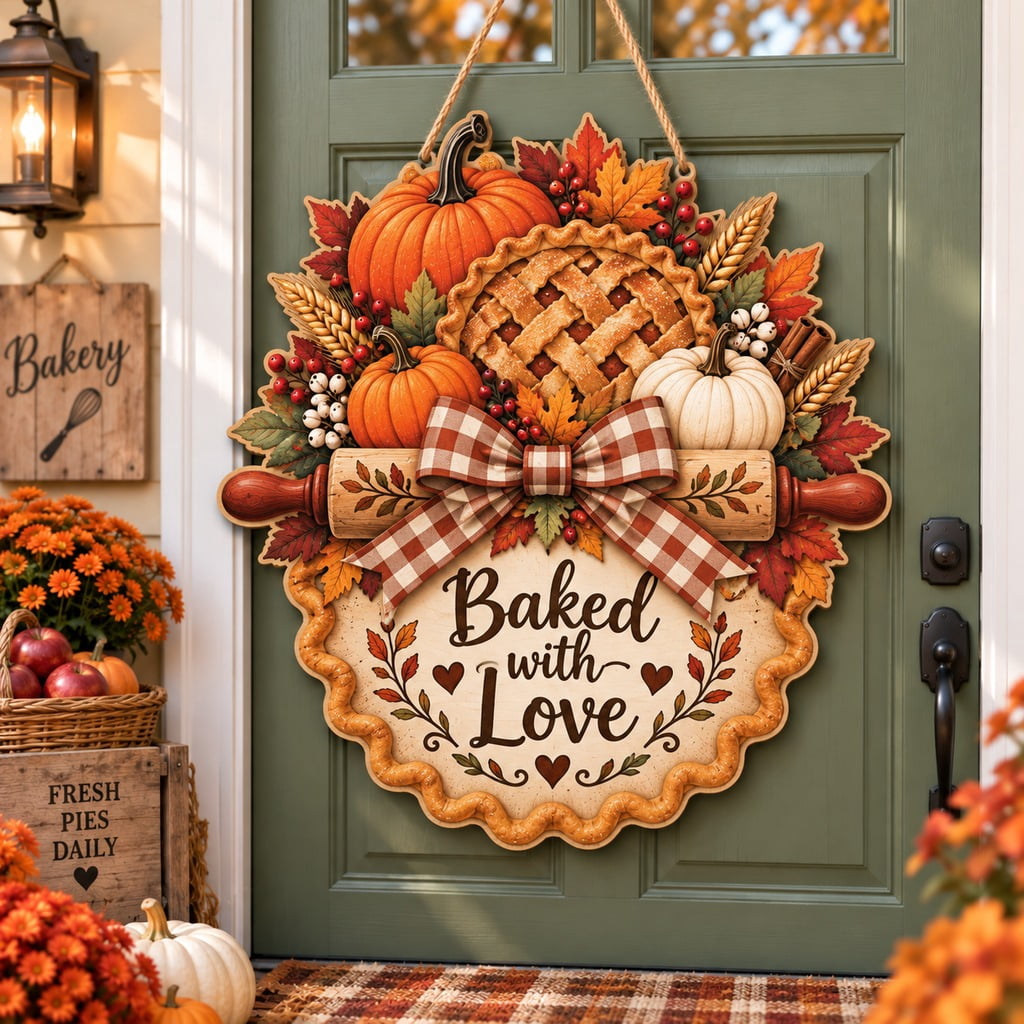 Fall Door Hanger, Baked with Love Pie, Pumpkin and Rolling Pin Sign for ...