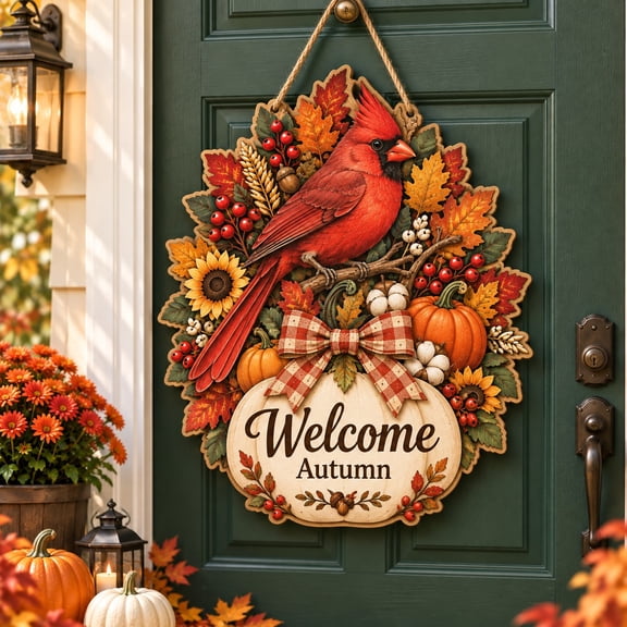 Fall Door Hanger, Cardinal Bird with Pumpkins, Berries and Leaves, Front Entry Welcome Sign, Housewarming Gift