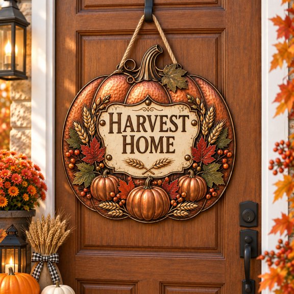 Fall Door Hanger Copper Pumpkins, Wheat and Maple Leaves Front Entry Welcome for Thanksgiving