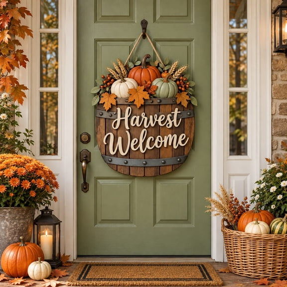 Fall Door Hanger, Pumpkin Barrel Harvest Welcome Sign for Front Porch, Thanksgiving Host Gift