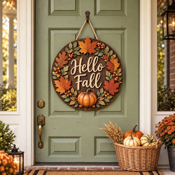 Fall Door Hanger, Pumpkin and Autumn Leaf Wreath, Front Entry Welcome Sign for Thanksgiving