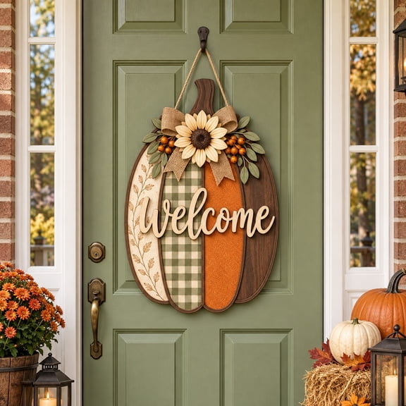 Fall Door Hanger Tall Pumpkin with Sunflower and Burlap Bow Welcome Sign for Front Entry Thanksgiving Hosts