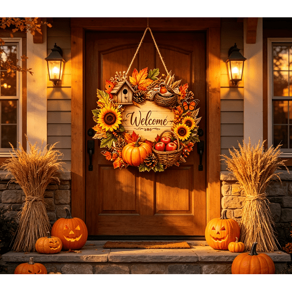 Fall Door Hanger Welcome Sign, Fall Wreath Front Door Sign, Autumn Decor | Autumn Doors Decor, Pumpkin Maple Leaf Football Wreath Wood Hanging Signs for Outdoor Home Farmhouse Porch Wall Decoration