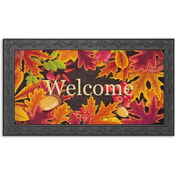 Fall Door Mat, 17 x 30 Inch Gold Leaf Welcome Doormat Decorative Thanksgiving Home Floor Mat, Non Slip Rubber Back and Strong Water Absorption for Outdoor Indoor Entrance Decor