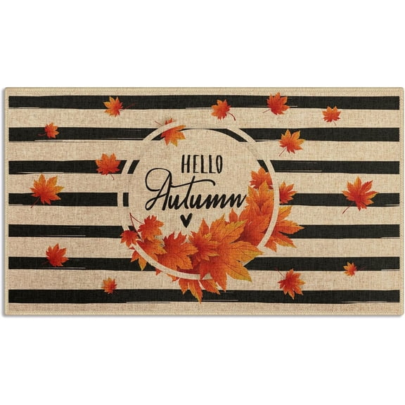 Fall Door Mat Black Striped Maple Leaf Hello Autumn Indoor Front Doormat Non-Slip Patio Entrance Mat Durable Natural Rubber Easy Clean Patio Entrance Mat 17x30 inches