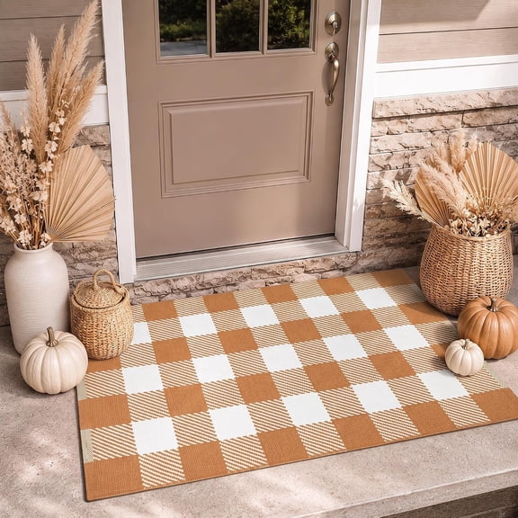 Fall Door Mat Caramel and White Buffalo Plaid Rug 2’x 3’, Washable Layering Rug for Front Door, Entryway, Porch, Farmhouse Decor