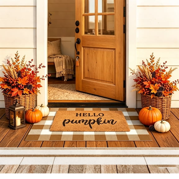 Fall Door Mat Combo Set, Coco Coir Welcome Mat + Plaid Rug, 20x32 Inch Indoor Outdoor Porch Entryway Floor Mat for Autumn Home Decor