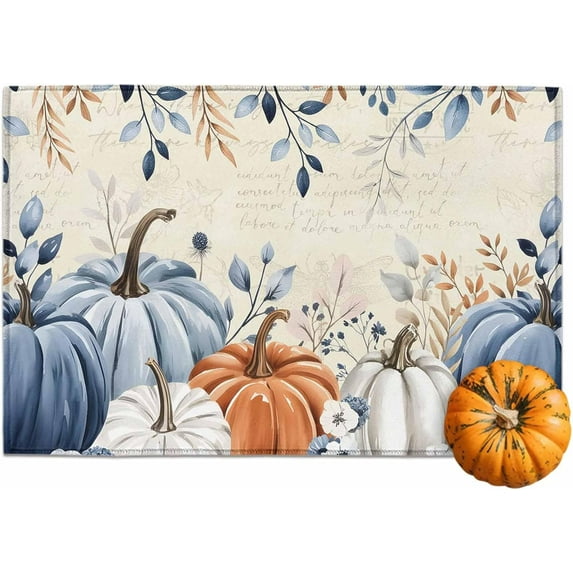 Fall Door Mat Indoor Entrance Blue Pumpkin Floor Mat Thanksgiving Welcome Matt Outdoor Rugs Non-Slip Absorbent Retro Eucalyptus Leaves Floral Doormat for Bathroom Kitchen Front Door 24x16 Inch