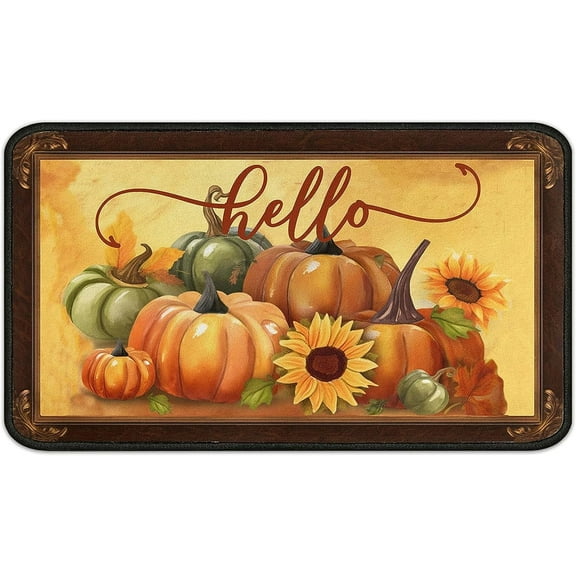 Fall Door Mat Outdoor, Farmhouse Pumpkins Sunflower Doormat, Funny Autumn Welcome Mat for Entrance Home Decor, Thanksgiving Rustic Yard Decorative Floor Mat for Home Front Door Indoor (17"x30")