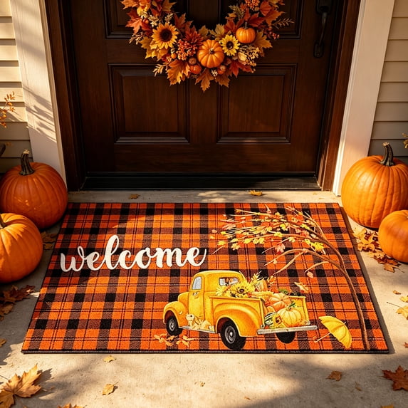 Fall Door Mat Outdoor for Front Door, Fall Decorations for Home Welcome Doormat Non-Slip Washable Thanksgiving Pumpkin Hello Doormat Entrance Rug for Indoor Outdoor 14 x 24 Inch