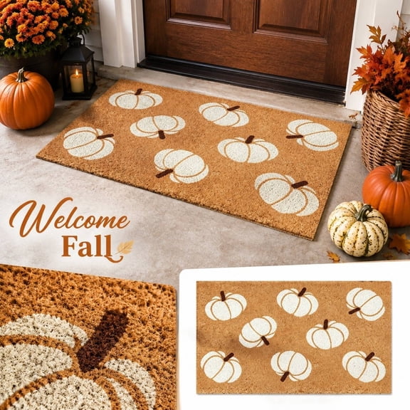 Fall Door Mat Outdoor White Pumpkin Front Door Mat,Entrance Halloween Doormat Welcome Mat,ideal for front doors, porches, entryways,and Thanksgiving decor,20"X32"