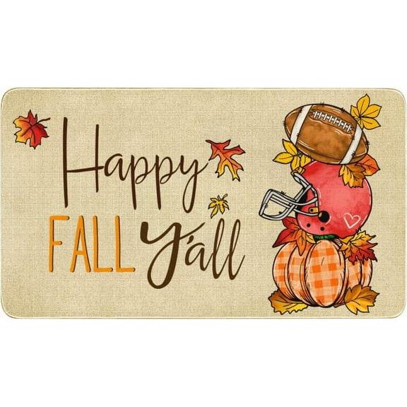 Fall Door Mat Outside,Buffalo Plaid Pumpkin Football Welcome Mat for Front Door,Thanksgiving Autumn Indoor Outdoor Rugs,Happy Fall Y''all Doormat for Farmhouse Home Porch Decorations 30" x 17"