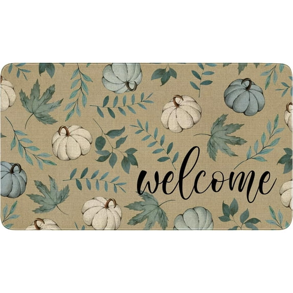 Fall Door Mat Outside,Pumpkin and Blue Maple Leaf Welcome Mat for Front Door,Thanksgiving Autumn Indoor Outdoor Non-Slip Rugs,Fall Doormat for Farmhouse Home Porch Decorations 30" x 17"