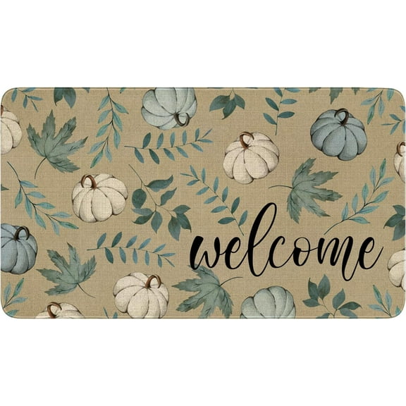Fall Door Mat Outside,Pumpkin and Blue Maple Leaf Welcome Mat for Front Door,Thanksgiving Autumn Indoor Outdoor Non-Slip Rugs,Fall Doormat for Farmhouse Home Porch Decorations 30" x 17"