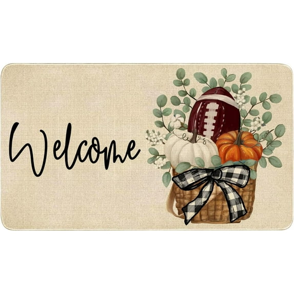 Fall Door Mat Outside,Pumpkin Eucalyptus Welcome Mat for Front Door,Thanksgiving Autumn Indoor Outdoor Non-Slip Rugs Doormat for Farmhouse Home Porch Decorations (Orange Football 30" x 17")