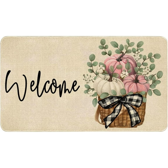 Fall Door Mat Outside,Pumpkin Eucalyptus Welcome Mat for Front Door,Thanksgiving Autumn Indoor Outdoor Non-Slip Rugs,Fall Doormat for Farmhouse Home Porch Decorations (Pink 30" x 17")