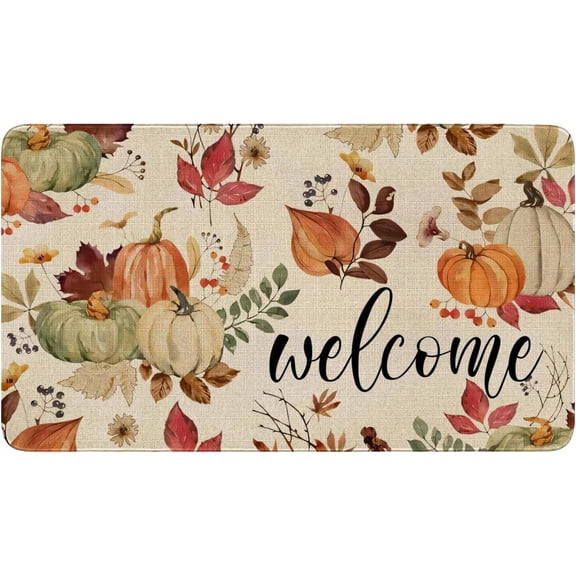 Fall Door Mat Outside,Pumpkin Maple Leaf Flower Welcome Mat for Front Door,Thanksgiving Autumn Indoor Outdoor Non-Slip Rugs,Fall Doormat for Farmhouse Home Porch Decorations 30" x 17"