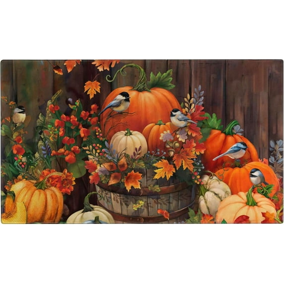Fall Door Mat Outside,Pumpkin Watercolor Bird Welcome Mat for Front Door,Thanksgiving Autumn Indoor Outdoor Non-Slip Rugs,Fall Doormat for Farmhouse Home Porch Decorations 30" x 17"