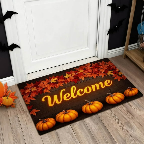 Fall Door Mat Pumpkin Welcome Doormat, Non Slip Front Door Mats for Indoor Outdoor Autumn Harvest Thanksgiving Entryway Doormats Washable