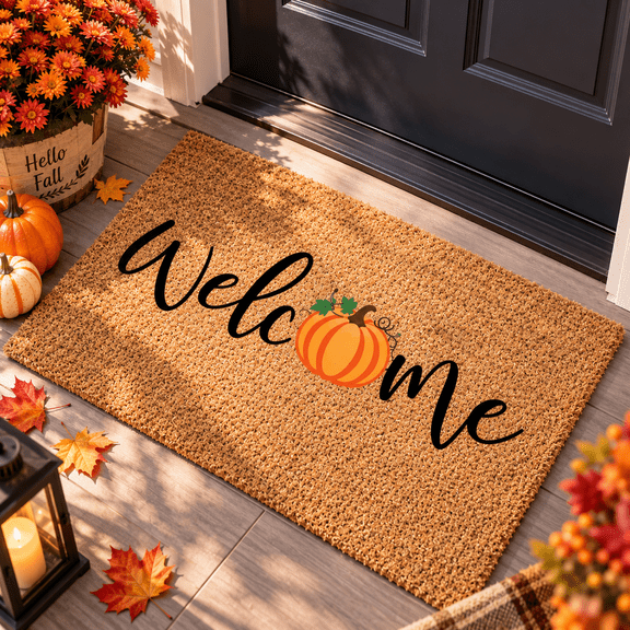 Fall Door Mat Pumpkin Welcome Floor Mat Halloween Door Mat Autumn Thanksgiving Outdoor Non-Slip Natural Coir Door Mat