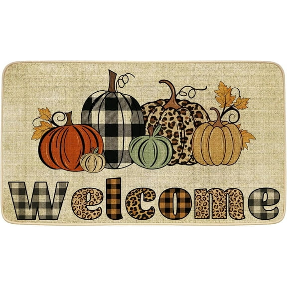 Fall Door Mat Welcome Decor Doormat, Autumn Farmhouse Pumpkin Decorative, Indoor Outdoor Non-Slip Mat for Home Entrance, Front Door, Outside Entry, Floor, Patio 17x30 Inches