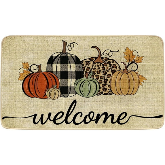 Fall Door Mat Welcome Decor Doormat, Autumn Farmhouse Pumpkin Decorative, Indoor Outdoor Non-Slip Mat for Home Entrance, Front Door, Outside Entry, Floor, Patio 17x30 Inches