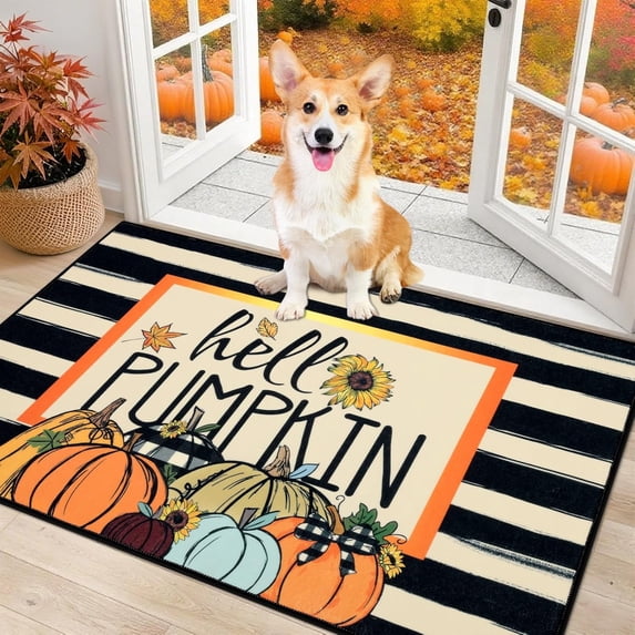 Fall Door Mat30"x18", Hello Pumpkin Doormat, Washable Non Slip Welcome Mats for Front Door, Autumn Harvest Thanksgiving Entry Mat Indoor Outdoor Low Profile Floor Mat for Entryway