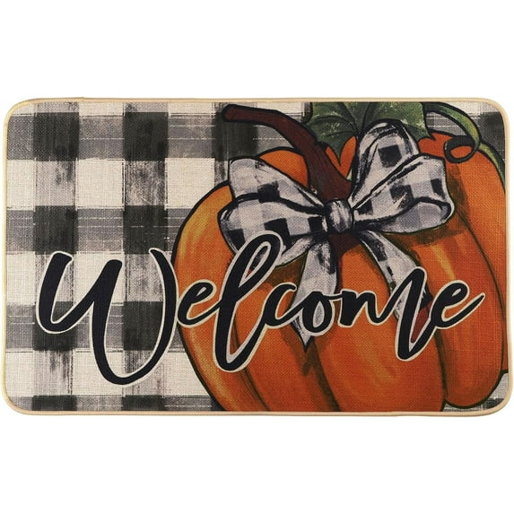 Fall Door Mats, 17 X 30in Fall Welcome mat Pumpkin Buffalo Check Doormat Indoor Outdoor Fall Decor Farmhouse Autumn Non-Slip Entrance Front Floor Mat Rug for Home Patio Decoration