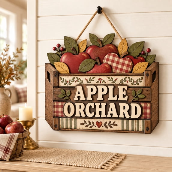 Rustic Fall Gate Fall Door Sign, Apple Orchard Crate with Red Fruit and Yellow Leaves ...