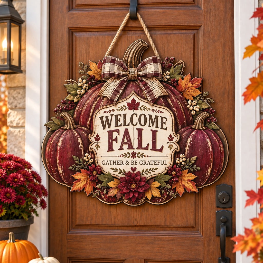 Fall Door Sign Burgundy Pumpkin Dahlia Front Entry Welcome for ...