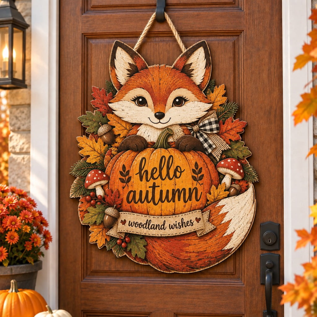 Fall Door Sign, Fox Pumpkin and Mushroom Seasonal Entryway Greeting ...