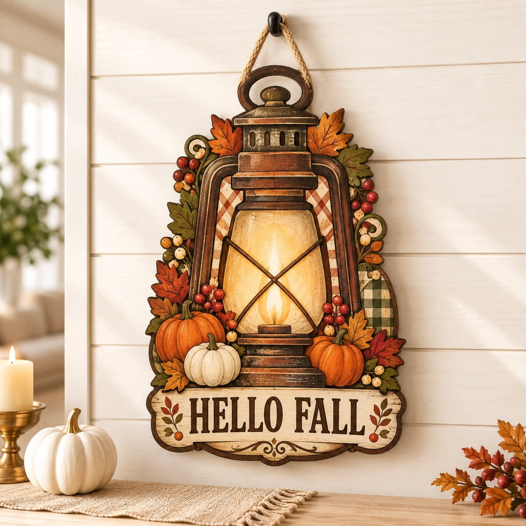 Rustic Fall Gate Fall Door Sign, Rustic Lantern and Pumpkin Printed Wood Front Entry ...
