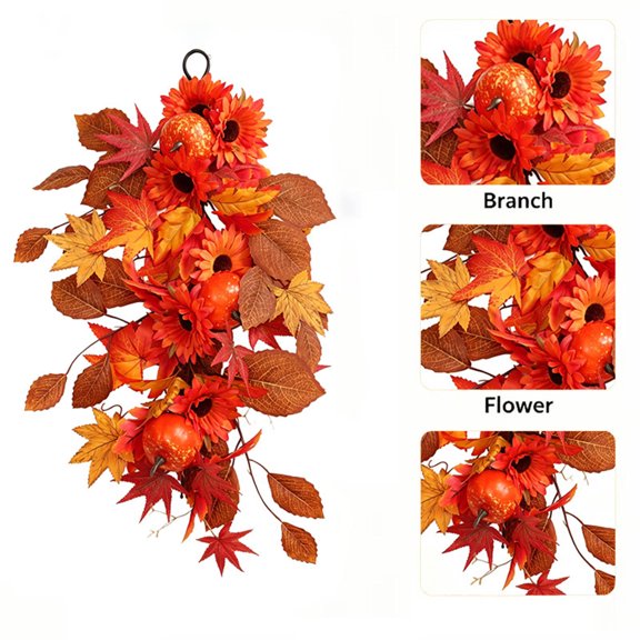 Fall Door Swag, Holiday Wall Hanging, Sunflower and Maple Leaf Accents for Front Doors Walls Mantels and Stair Rails, Hanging Form and Layered Decorative Accents