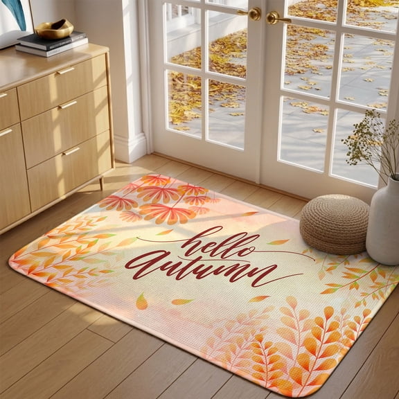 Fall Doormat Hello Autumn Front Door Mat Entrance Non Slip Absorbent Doormats Watercolor Ombre Leaves Plant Bush Thanksgiving Welcome Floor Mat Rugs for Entryway Bathroom Bedroom Kitchen 16"x24"