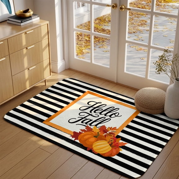 Fall Doormat Hello Fall Pumpkin Front Door Mat Entrance Non Slip Absorbent Doormats Maple Leaf Black Stripes Thanksgiving Welcome Floor Mat Rugs for Entryway Porch Bathroom Bedroom Kitchen 16"x24"