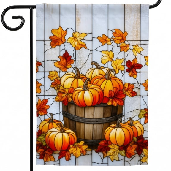 Fall Double-Sided Flags for Outside 28x40in A stained glass window with a basket of pumpkins and leaves Porch Fall Decorations