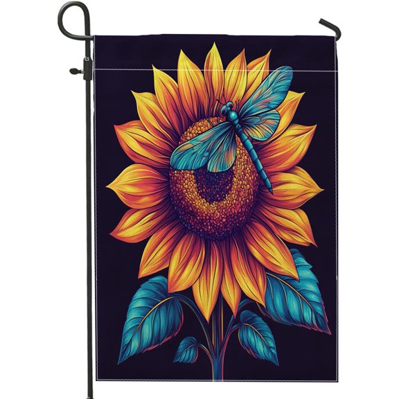 Fall Dragonflies Sunflower Garden Flag, Burlap Vertical Double Sided Outdoor Yard Flag, Watercolor Autumn Insect Print, 12 x 18 Inches