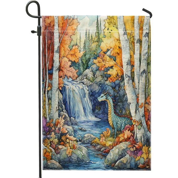 Fall Dragons Front Yard Backyard Burlap Garden Flags 12x18 Double Sided for Outside, Autumn Woodland Waterfall Small House Flags, Animal Home Porch Lawn Flags