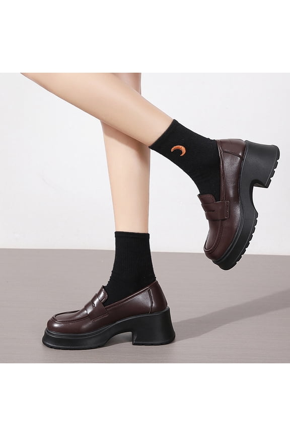 Fall Dress Shoes for Women, Platform Loafers with Block Heel & Cushioned Footbed, Available in Wide Widths for Work, Outing, and Stylish Brown 39