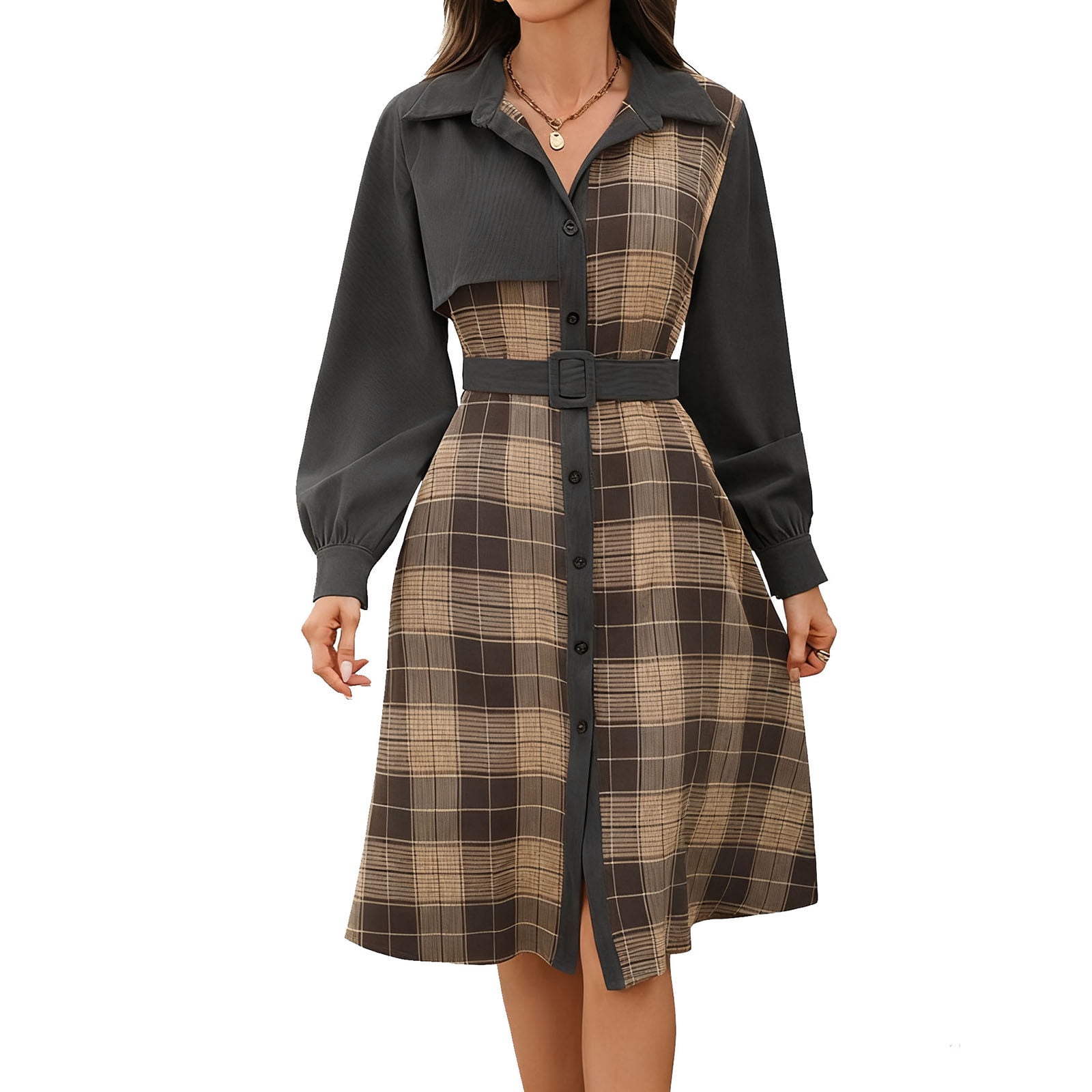 Fall Dress for Women Trendy Patchwork Corduroy Plaid Shirt Dress with Belt  Long Sleeve Business Casual Midi Dresses (M, Brown) - Walmart.com